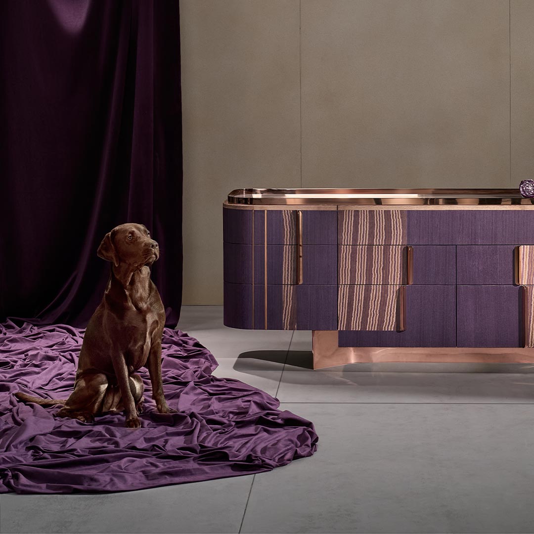 Rua dining storage from Magari's IVAI Collection in a stylish home setting, framed by deep mauve curtains and showcasing its marble top and rose gold accents.