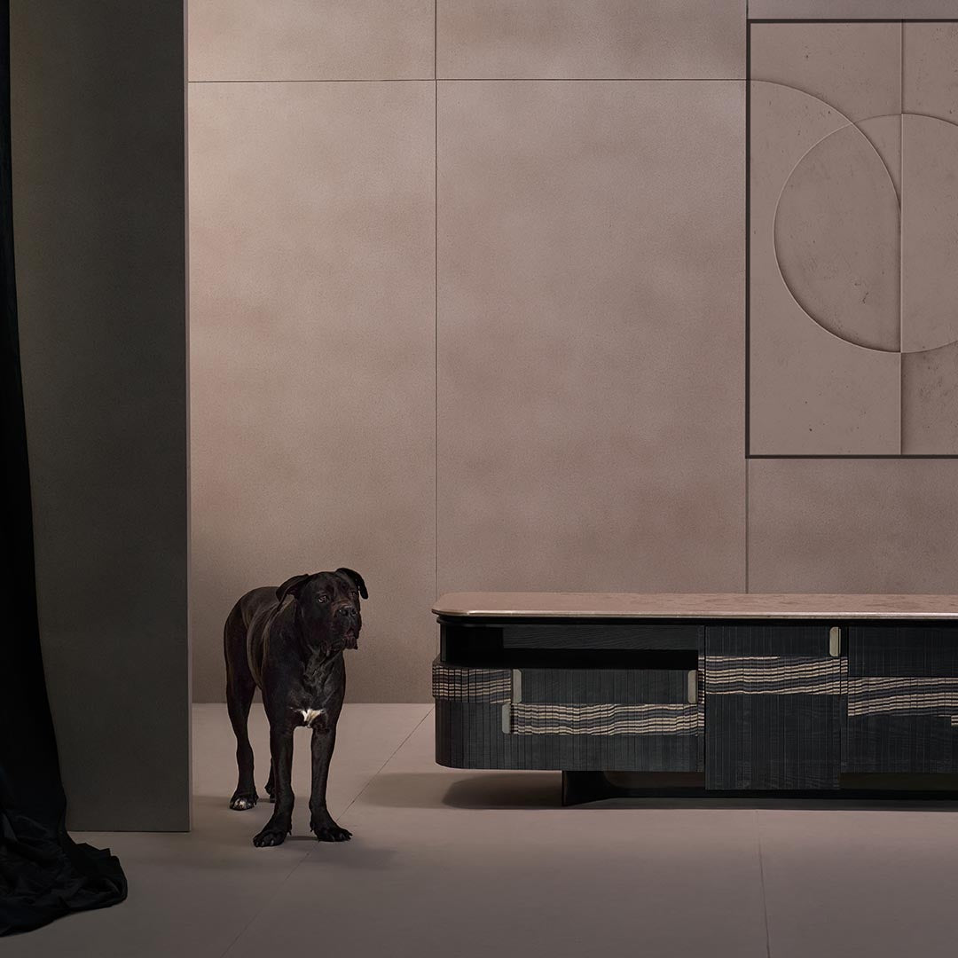 Nami media console from Magari's IVAI Collection in a modern living room, blending tambour shutters and elegant furnishings for a timeless aesthetic.