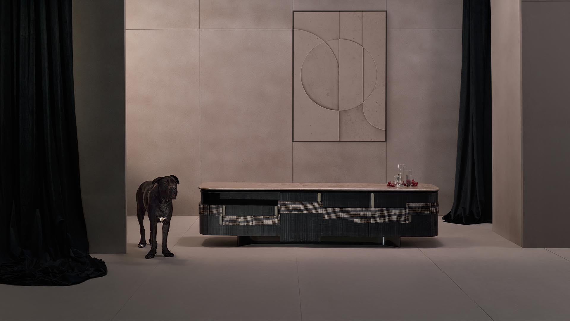 Nami media console from Magari's IVAI Collection in a modern living room, blending tambour shutters and elegant furnishings for a timeless aesthetic.