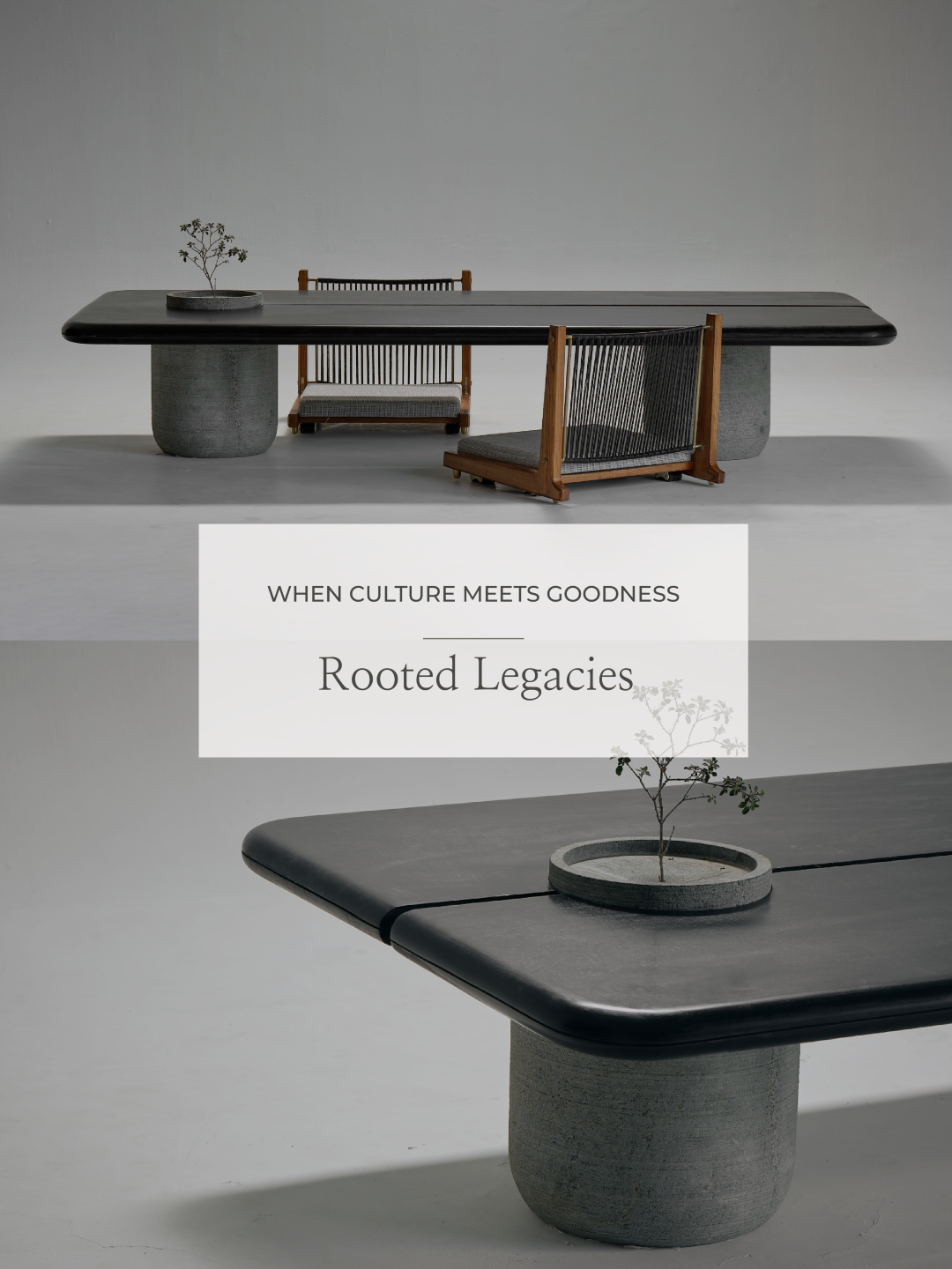 Magari's Aayutha Low Dining Table and Kelir Low Dining Chair, featuring traditional low seating design with brass detailing and handcrafted elements.