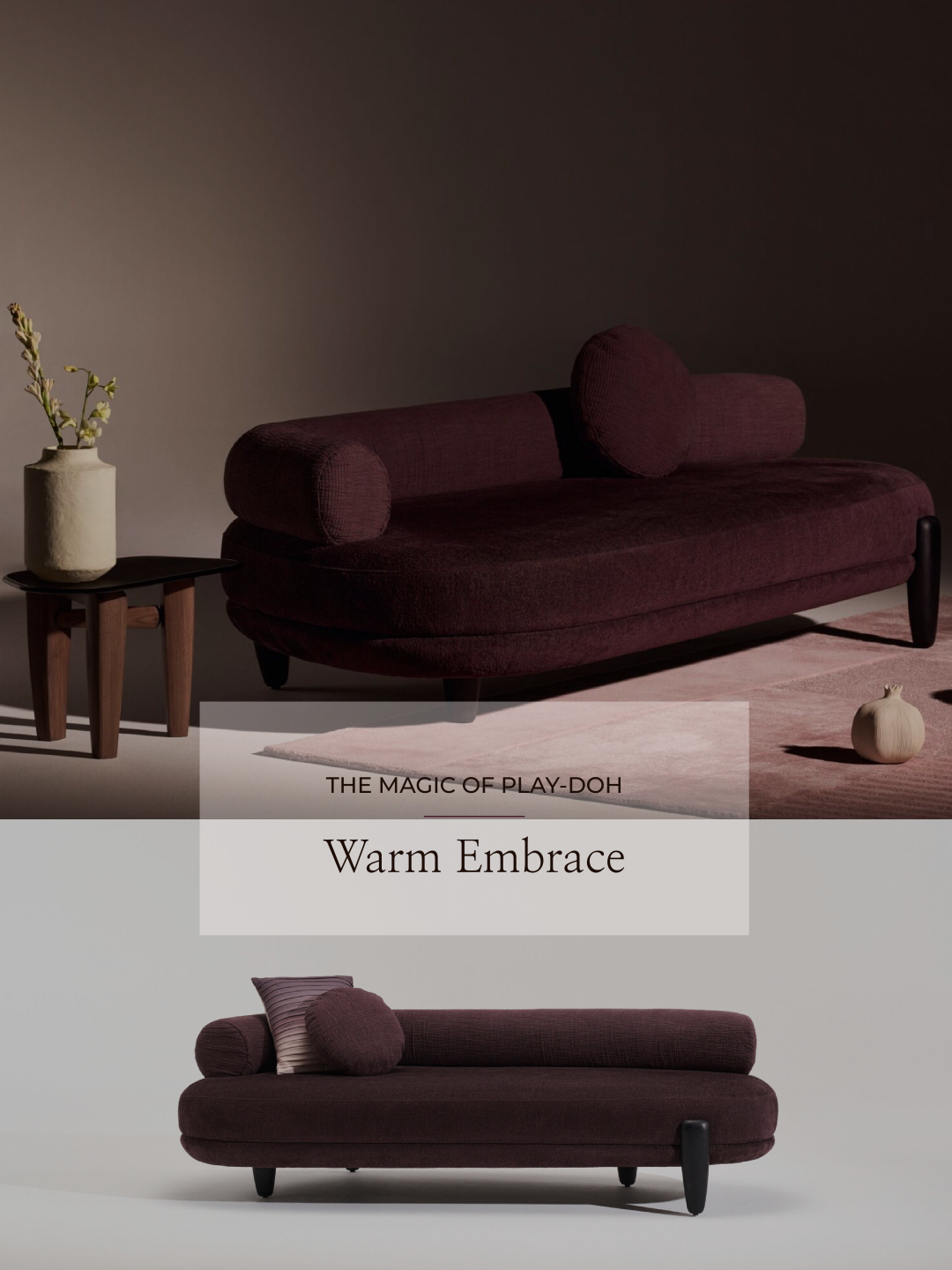 Magari's Filo Daybed in a banner image, featuring plush upholstery, tubular low backrest, contoured wooden legs, complemented by cushions and rugs